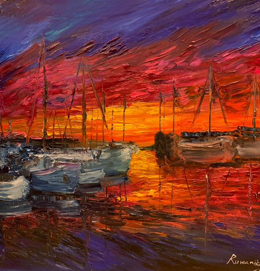 Medium Wall Art, Colorful Sun set - Harbor Scene