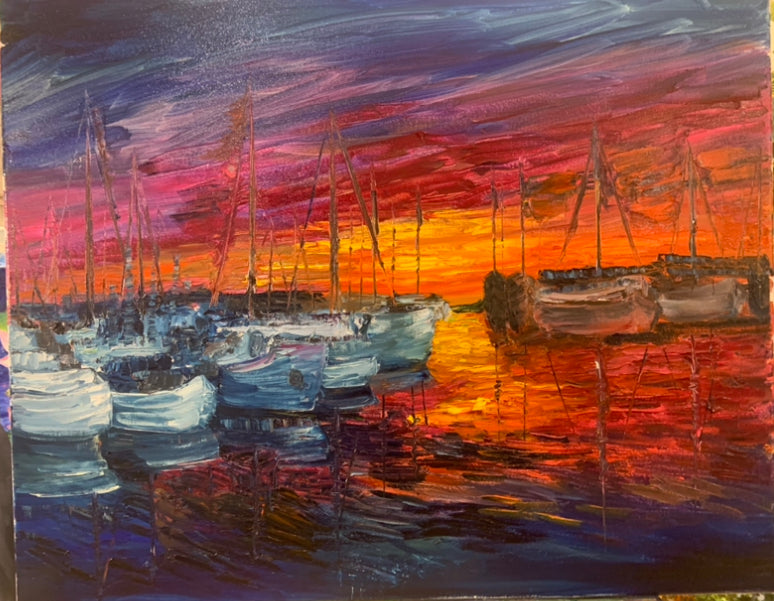 Medium Wall Art, Colorful Sun set - Harbor Scene